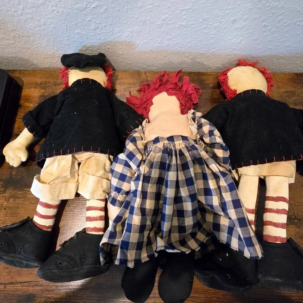 1995 Vintage Primitive Raggedy Ann Andy Dolls 18 Lot 3 Handmade Folk Art Country
